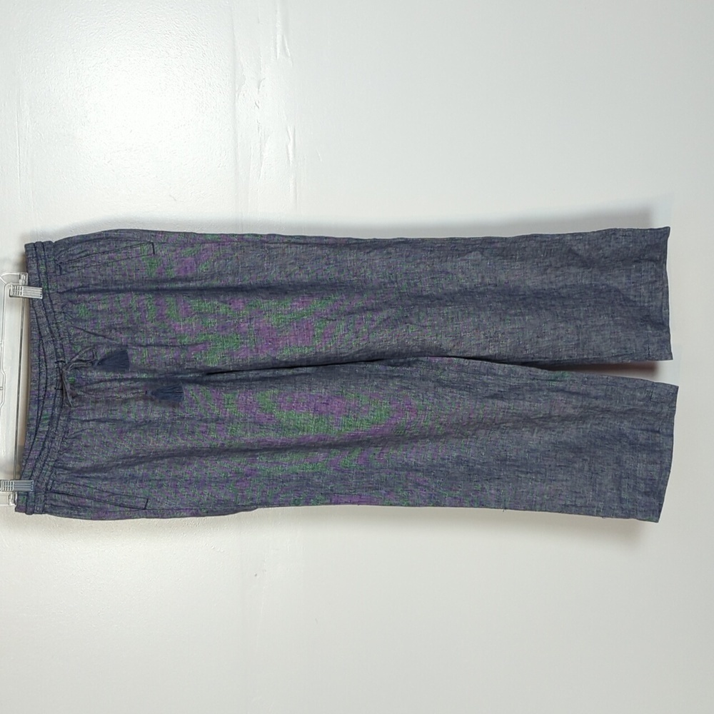 Talbots Blue-Gray Wide Leg Linen-Blend Pants with Tassel Drawstring